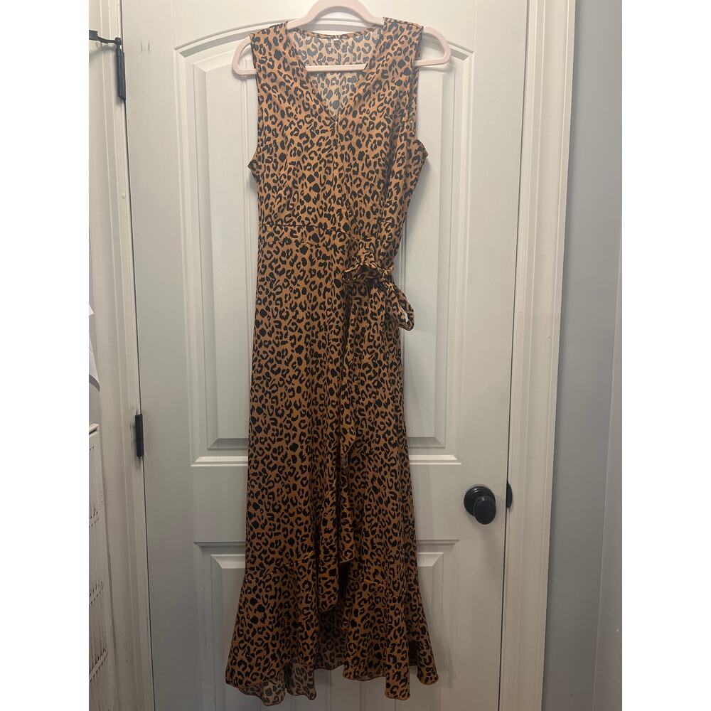 Leopard Print Women’s Sleeveless V-Neck‎ Tie Waist Wrap Maxi Dress Size XL Brown